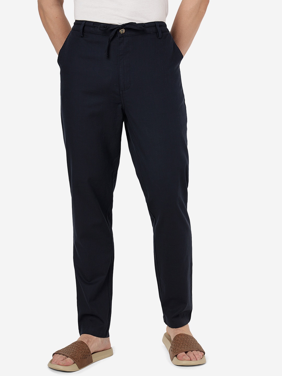 

JADE BLUE Men Slim Fit Mid-Rise Pure Cotton Lounge Pants, Navy blue