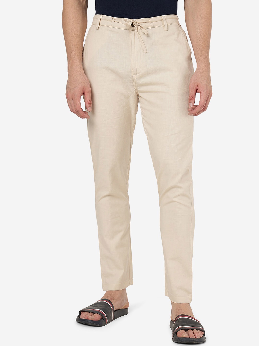 

JADE BLUE Men Slim Fit Mid-Rise Pure Cotton Lounge Pants, Cream