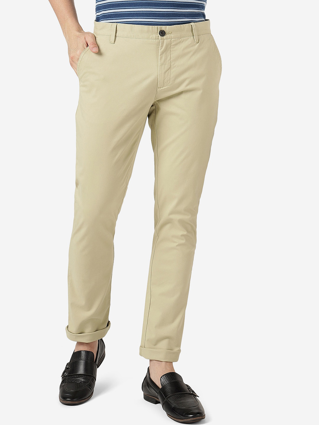 

JADE BLUE Men Mid-Rise Slim Fit Pure Cotton Trousers, Cream