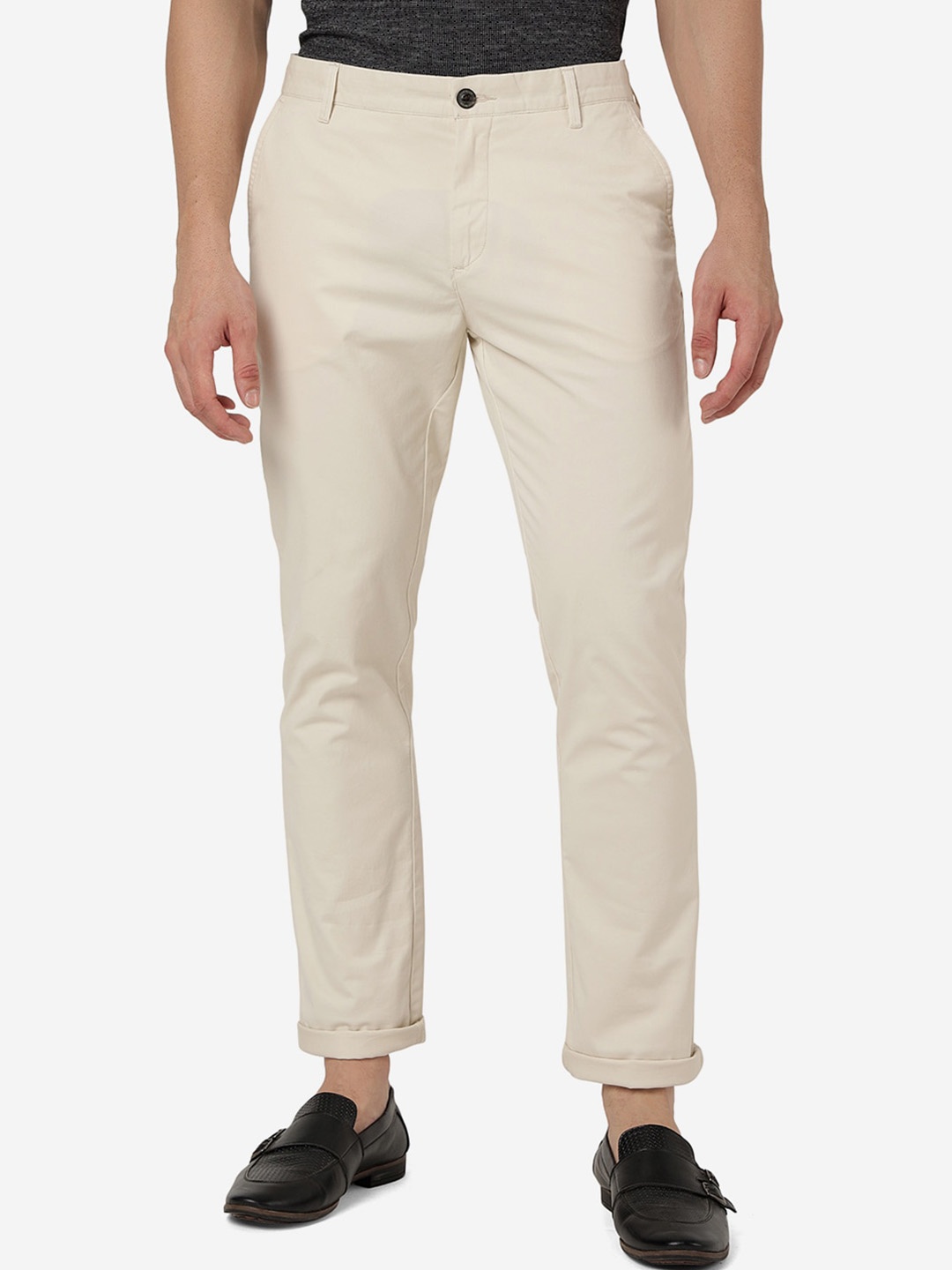 

JADE BLUE Men Mid-Rise Slim Fit Pure Cotton Chinos Trousers, Cream