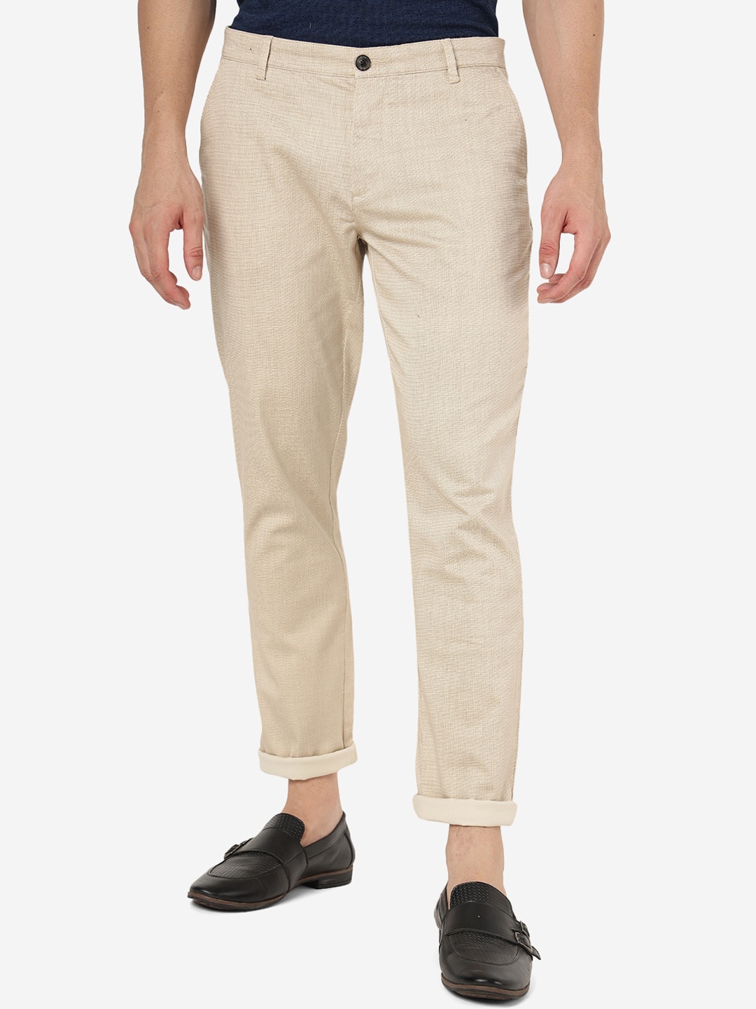 

JADE BLUE Men Slim Fit Pure Cotton Chinos Trousers, Cream