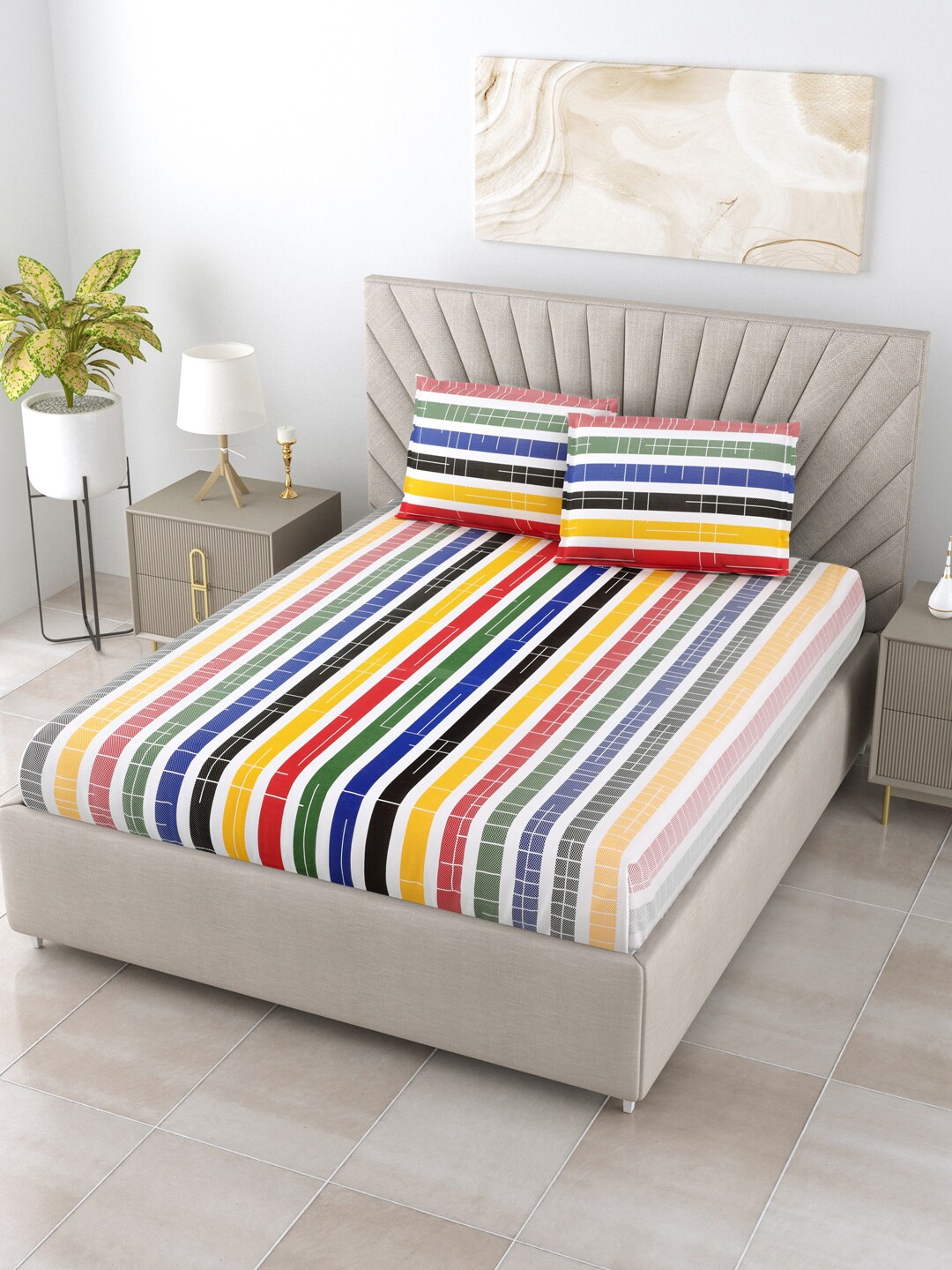 

BOMBAY DYEING Sage Yellow Striped Cotton 180 TC King Bedsheet with 2 Pillow Covers