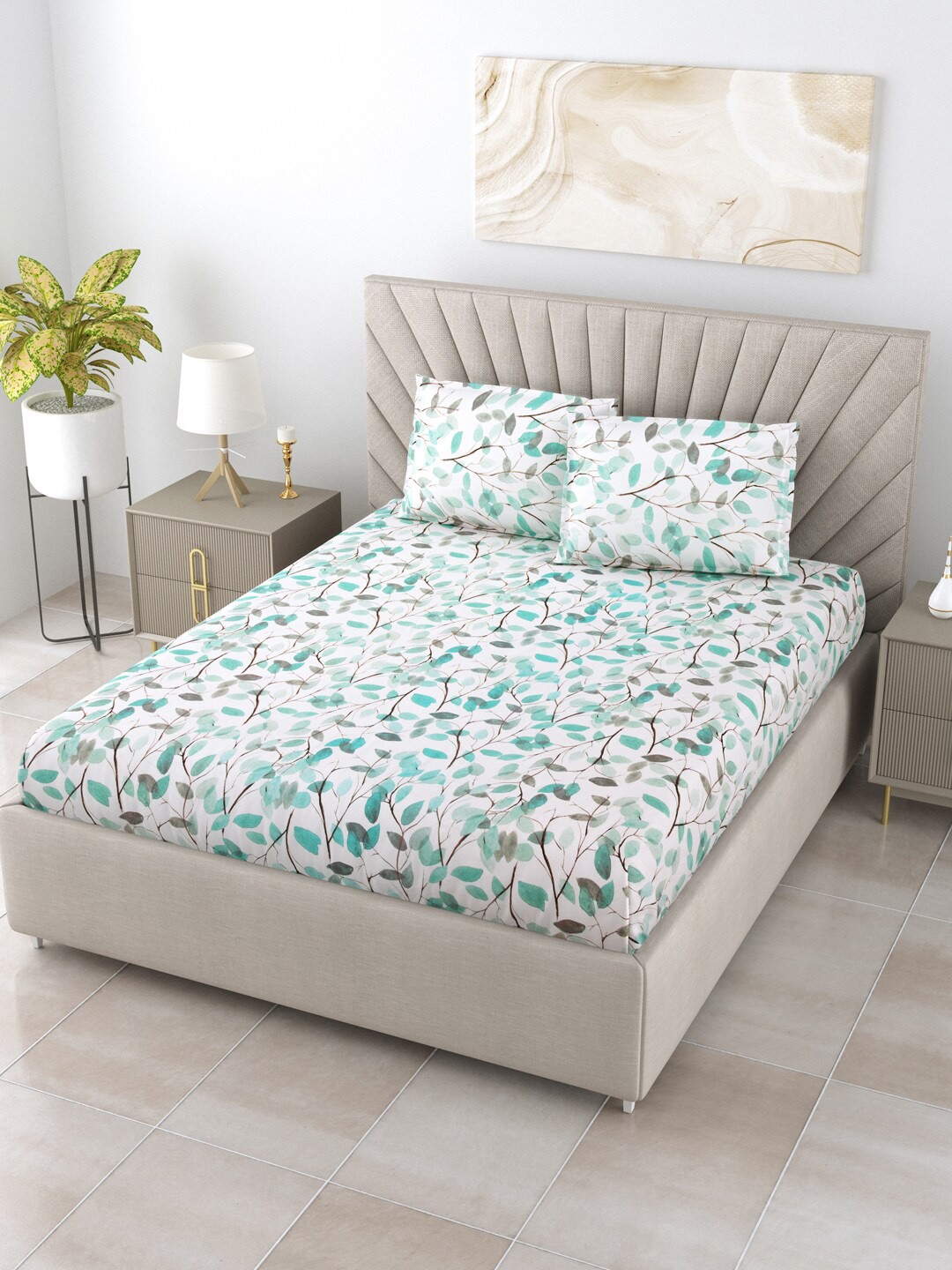 

BOMBAY DYEING Sage Green Floral Cotton 180 TC King Bedsheet with 2 Pillow Covers