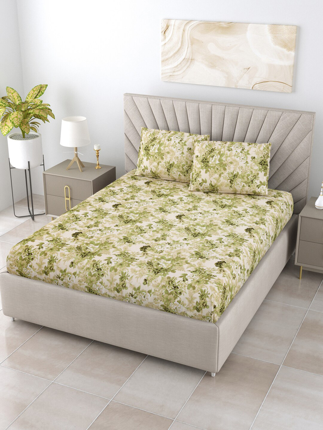 

BOMBAY DYEING SAGE Olive Green & White Floral 180 TC King Bedsheet with 2 Pillow Covers