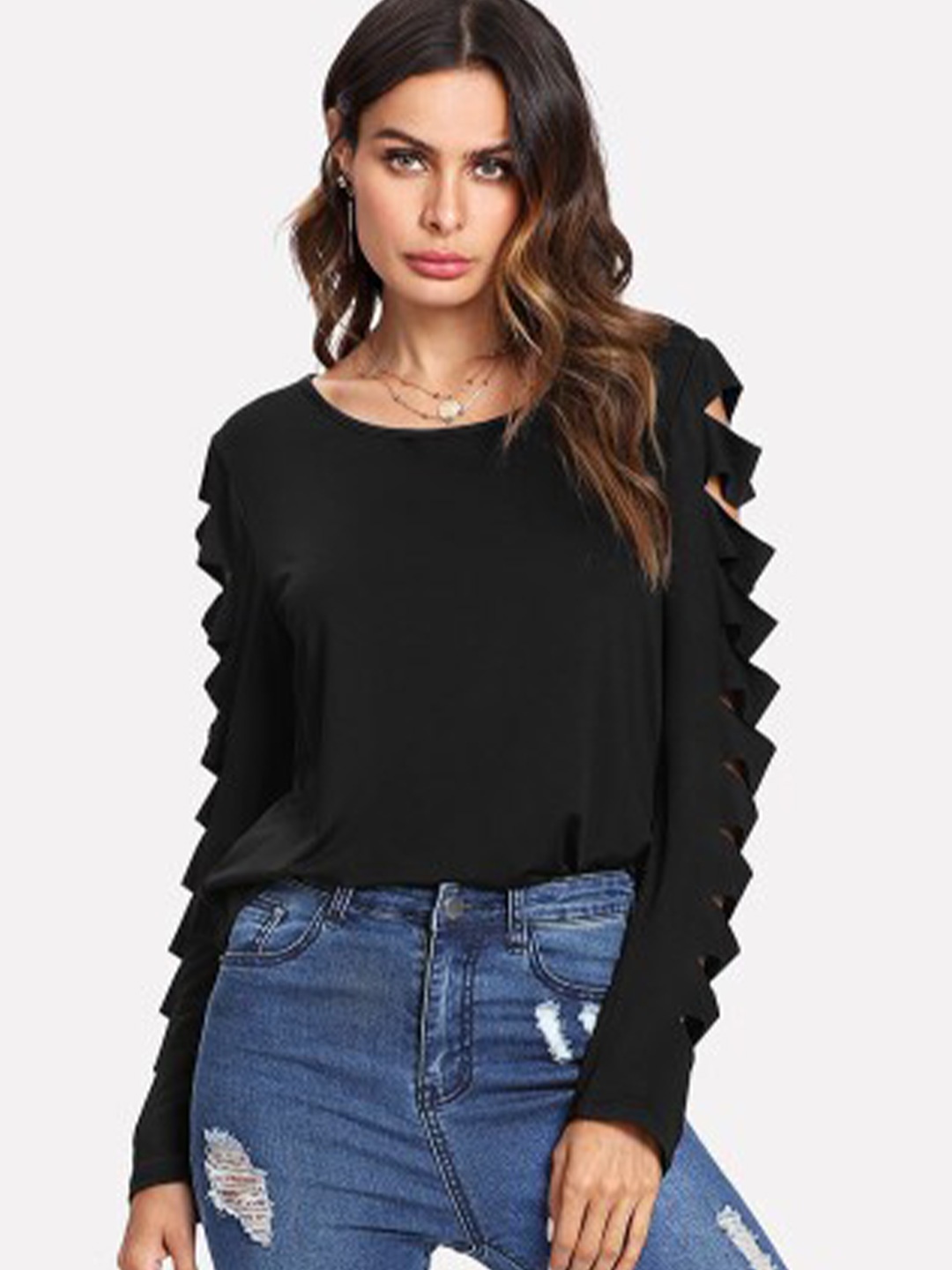 

Dracht Round Neck Long Sleeves Cut Out Cotton Top, Black
