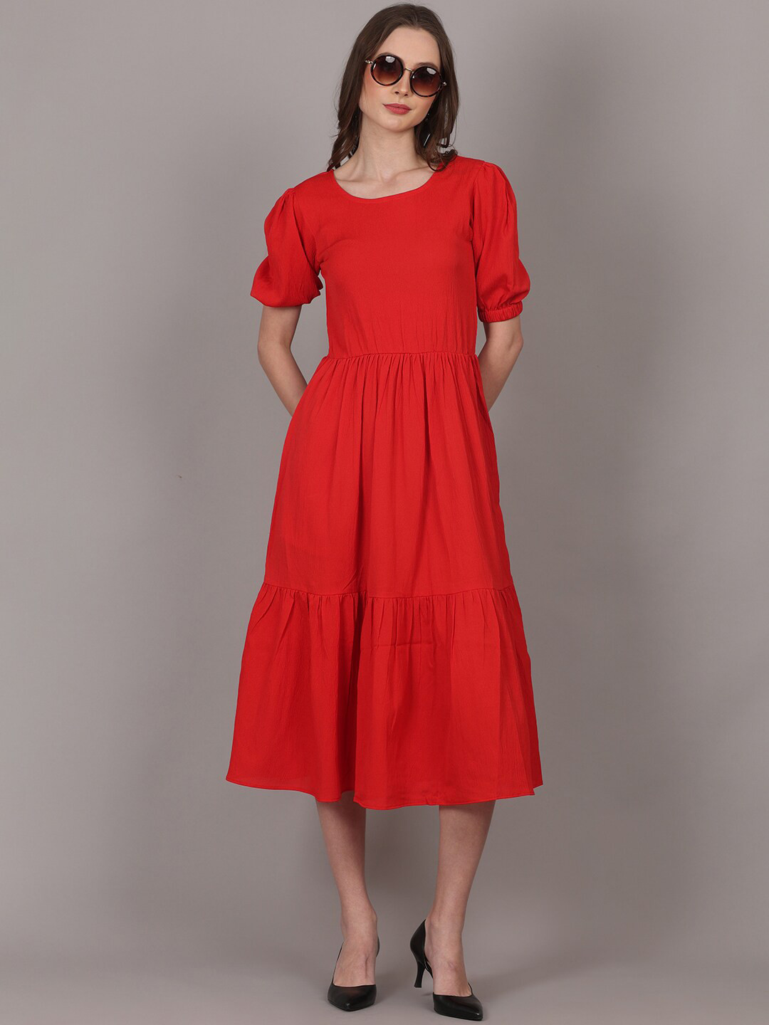 

pinfit Puff Sleeves Gathered Tiered Dobby Fit & Flare Midi Dress, Red