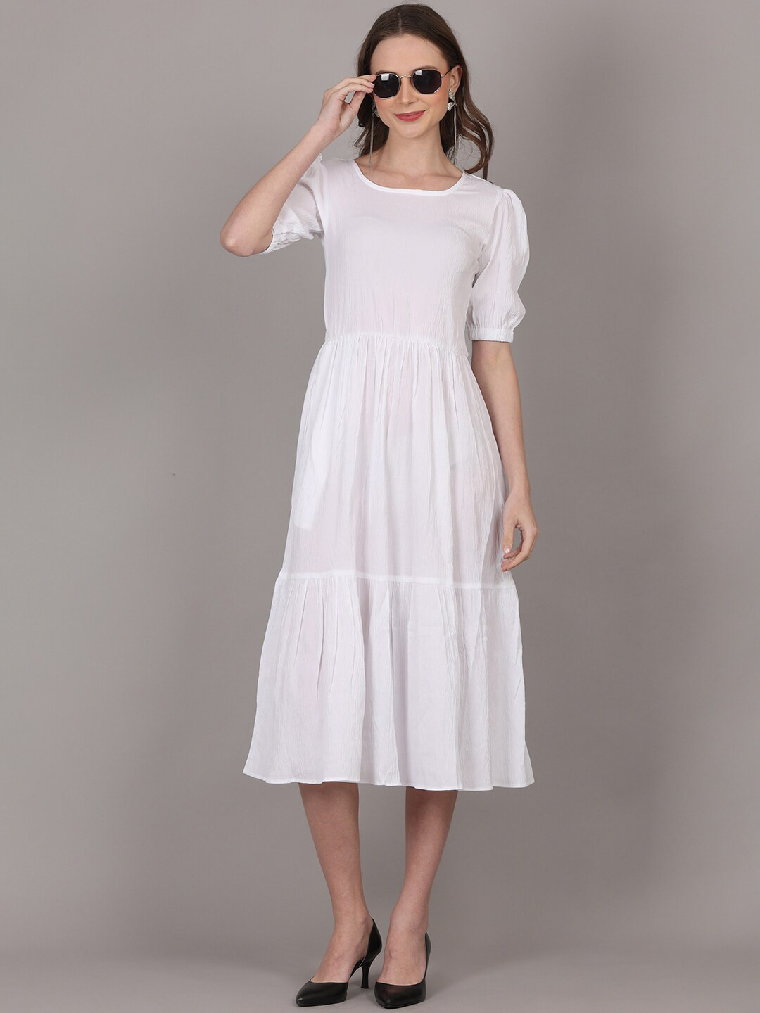

pinfit Puff Sleeves Gathered Tiered Dobby Fit & Flare Midi Dress, White