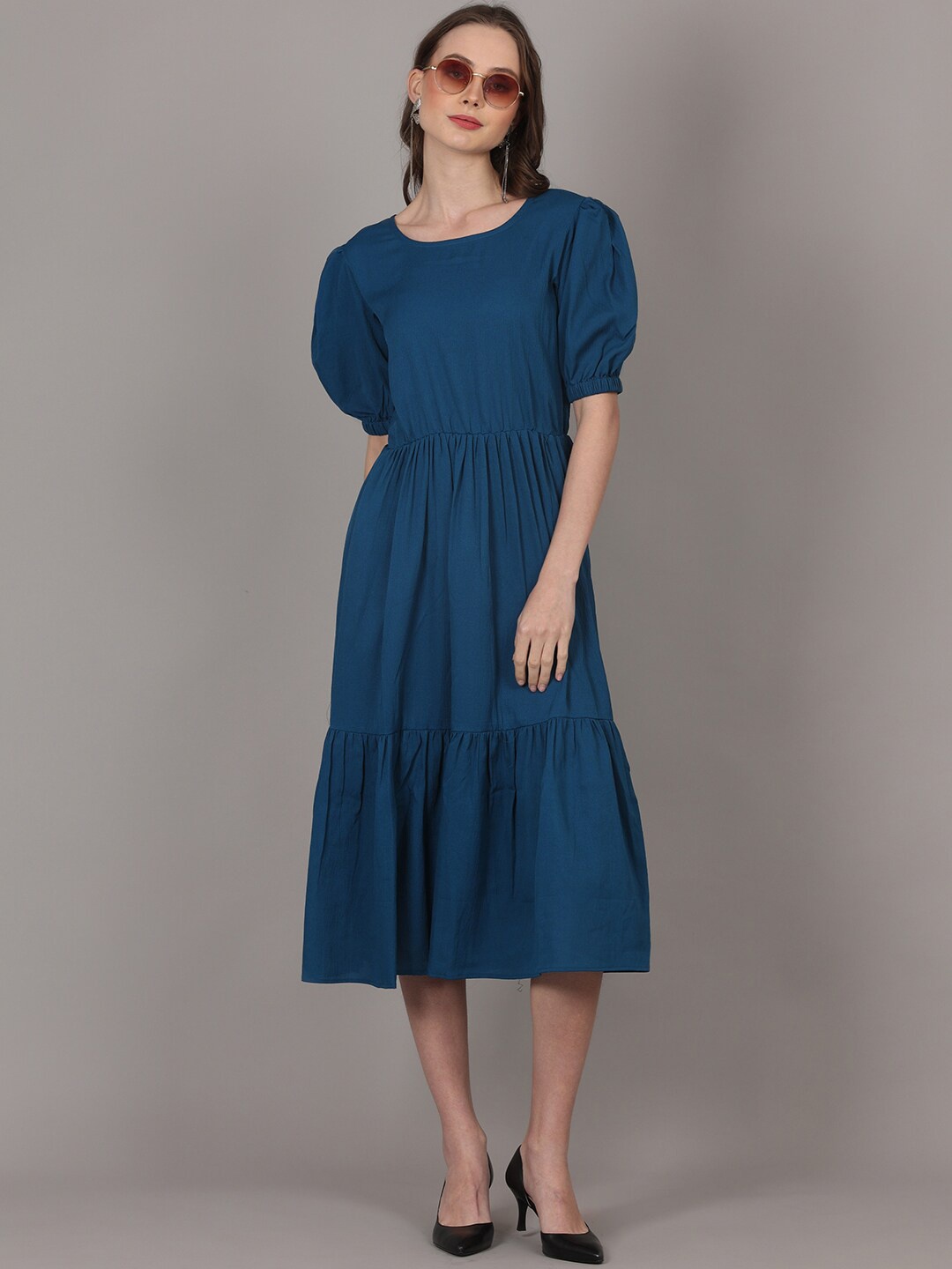 

pinfit Puff Sleeves Gathered Tiered Dobby Fit & Flare Midi Dress, Teal