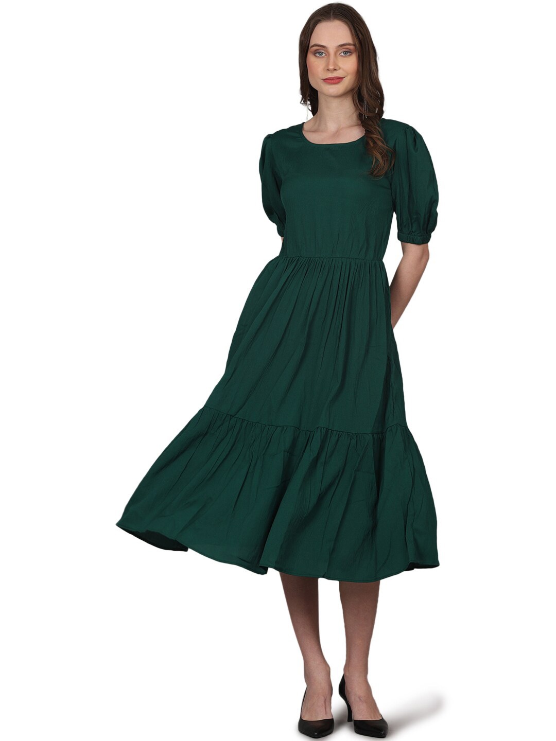 

pinfit Puff Sleeves Tiered Fit & Flare Midi Dress, Green