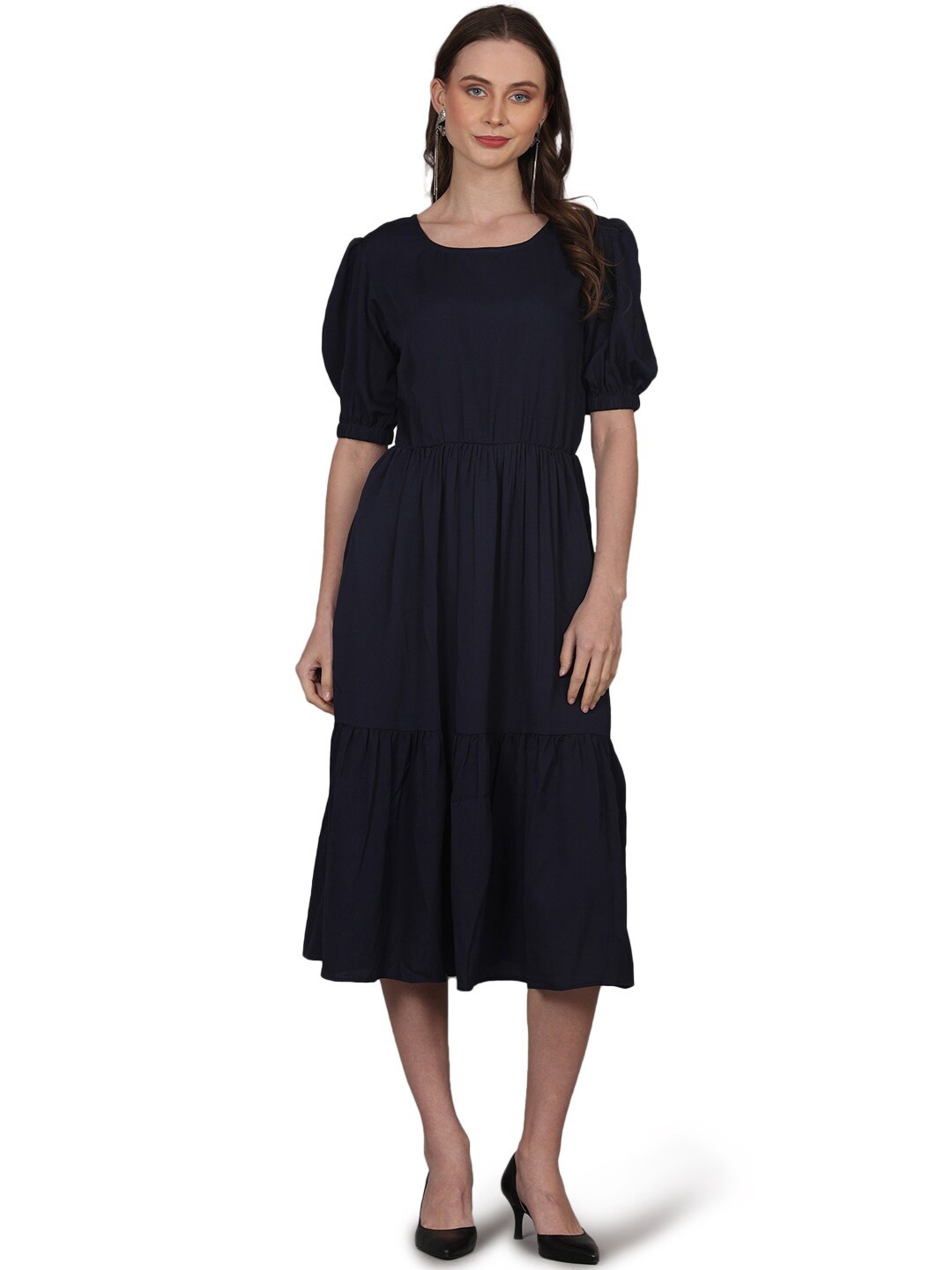 

pinfit Puff Sleeves Tiered Fit & Flare Midi Dress, Navy blue