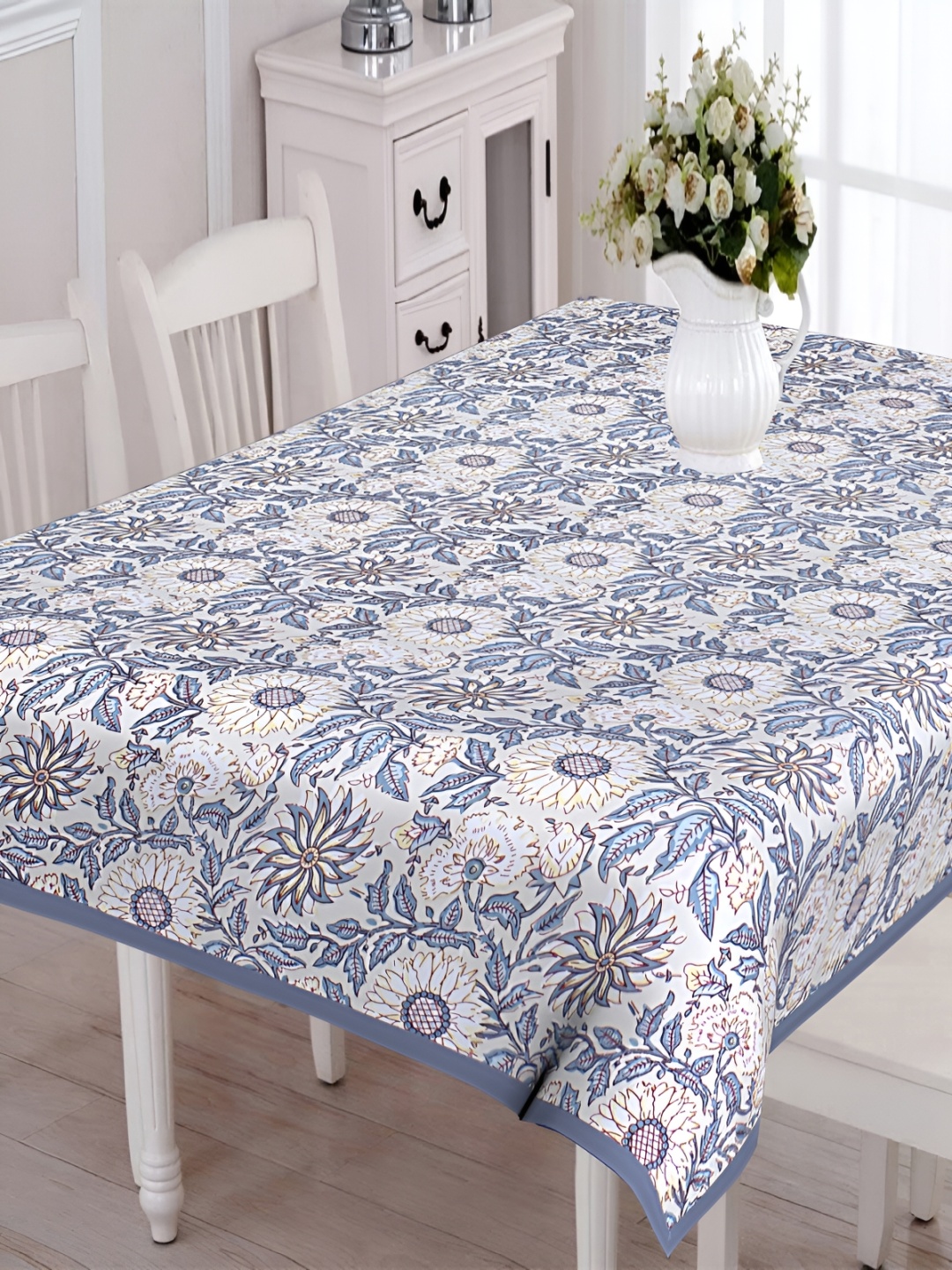 

Texstylers Beige & Blue 6 Seater Printed Cotton Anti Slip Table Cover