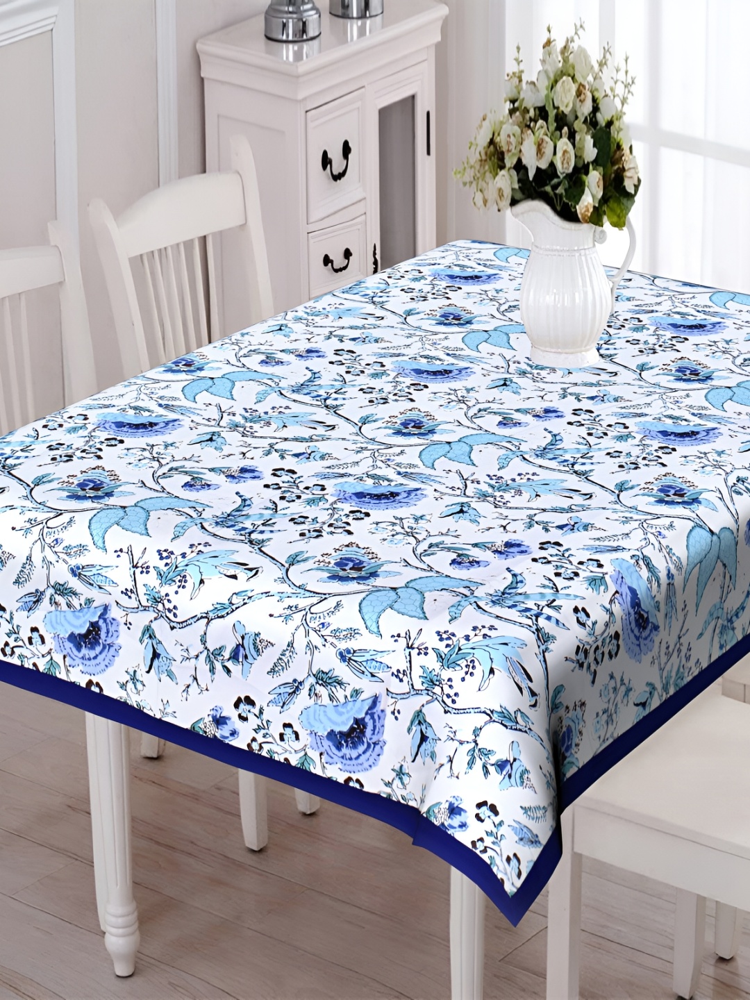 

Texstylers White & Blue 6 Seater Printed Cotton Anti Slip Table Cover