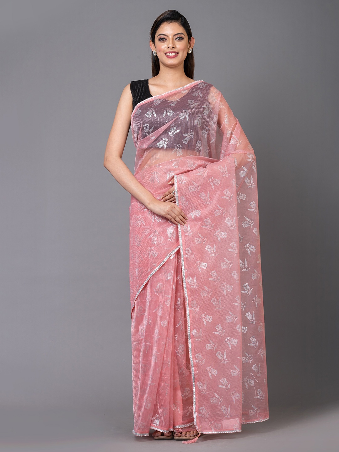 

MAHALASA Floral printed Embroidered Pure Chiffon Saree, Pink