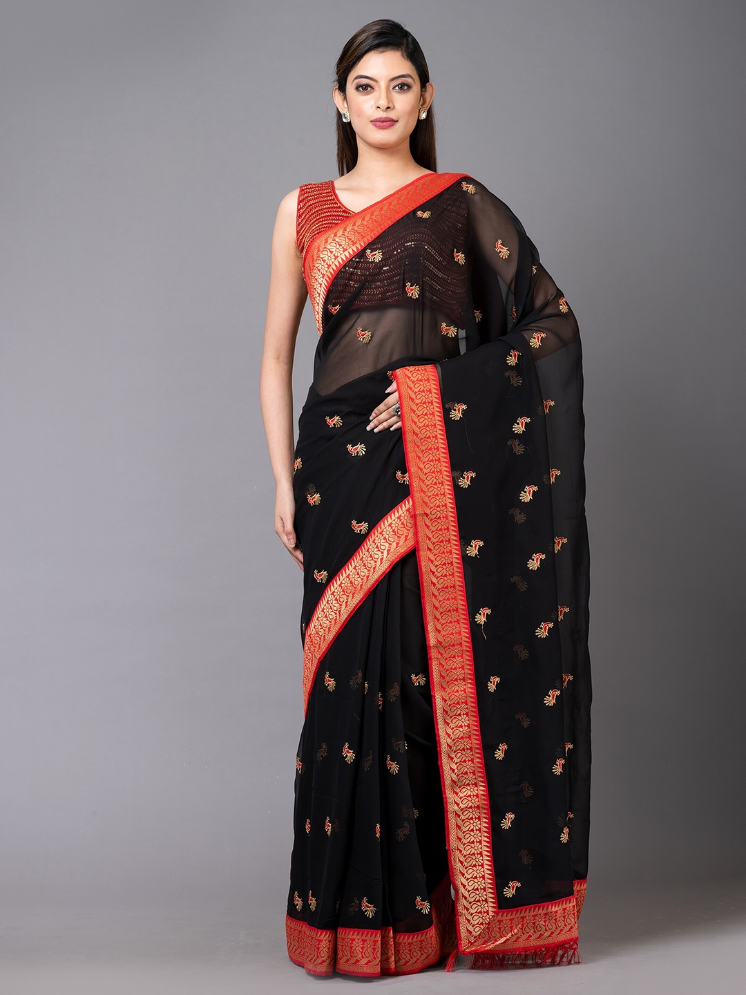 

MAHALASA Ethnic Motifs Embroidered Pure Chiffon Saree, Black