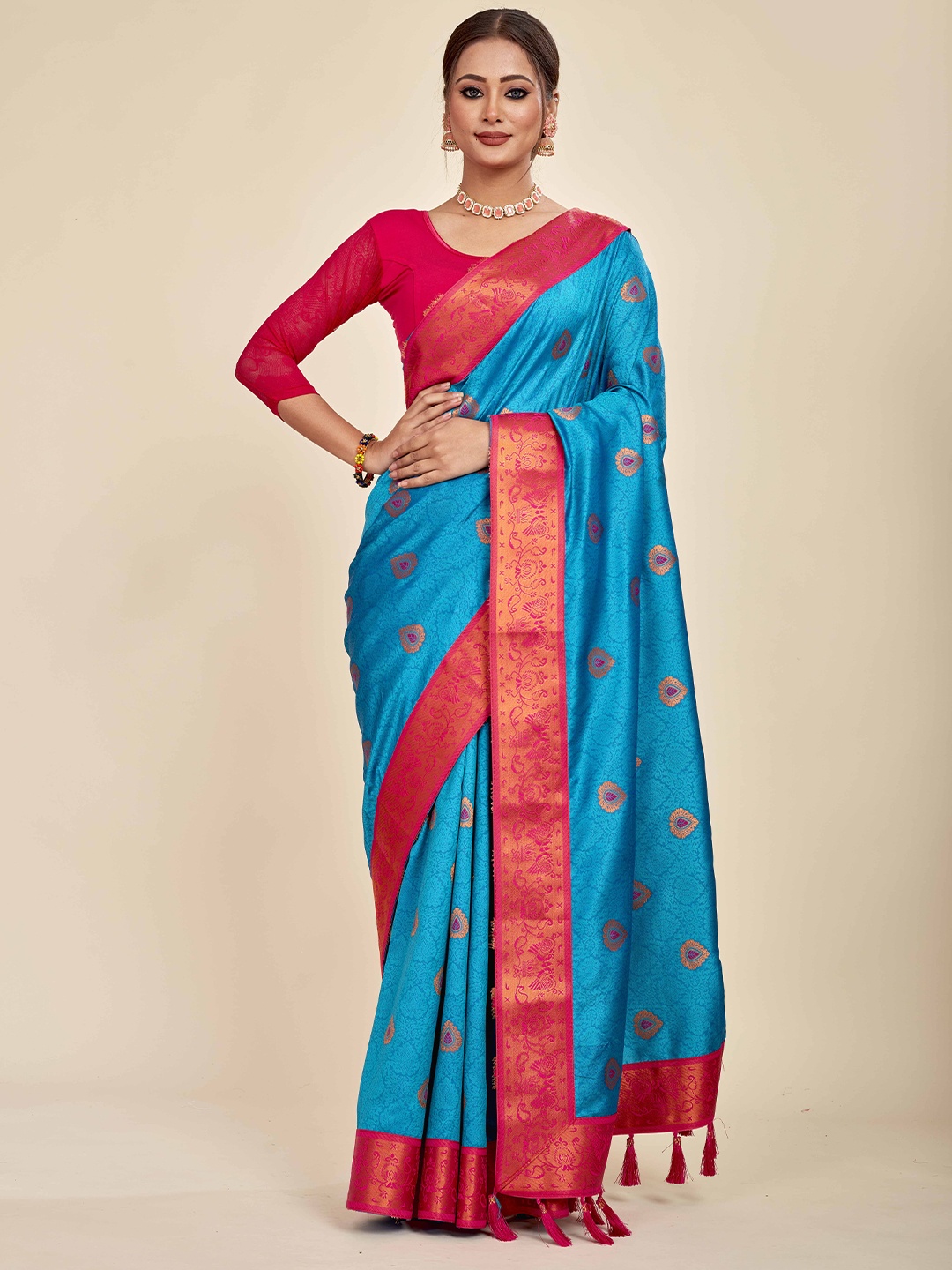 

MAHALASA Ethnic Motifs Woven Design Zari Pure Chiffon Saree, Turquoise blue
