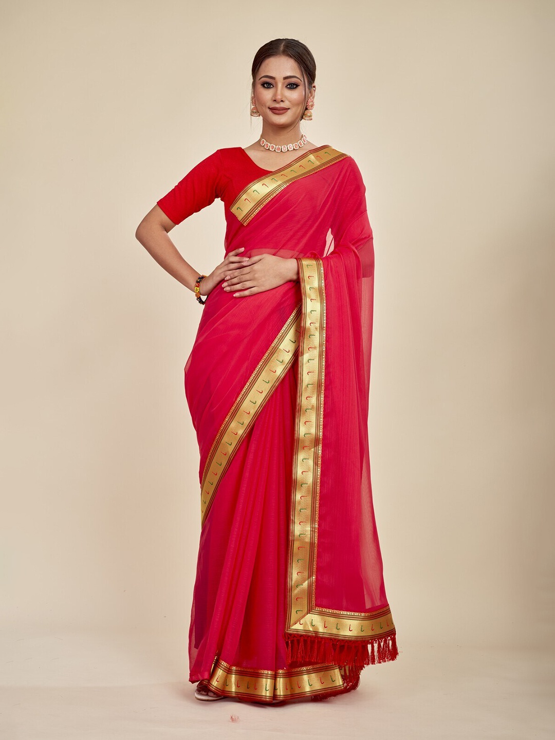 

MAHALASA Zari Pure Chiffon Saree, Red