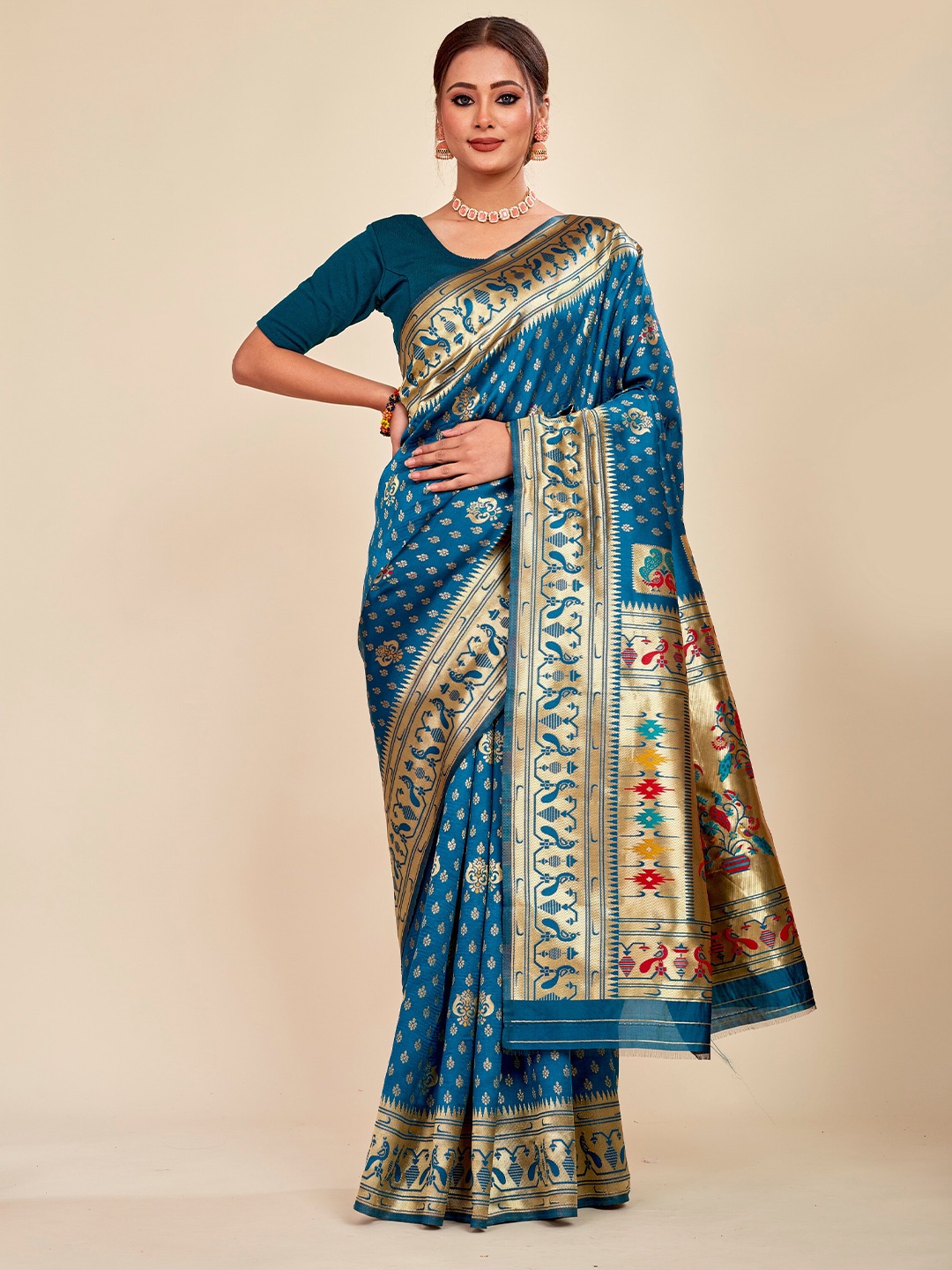 

MAHALASA Ethnic Motifs Woven Design Pure Cotton Saree, Turquoise blue