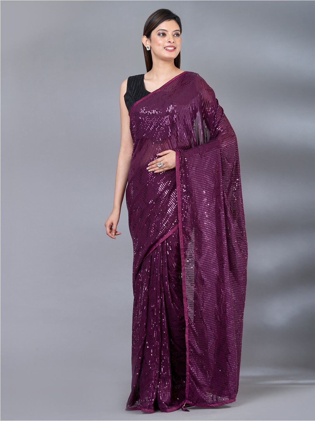 

MAHALASA Embellished Sequinned Saree, Magenta