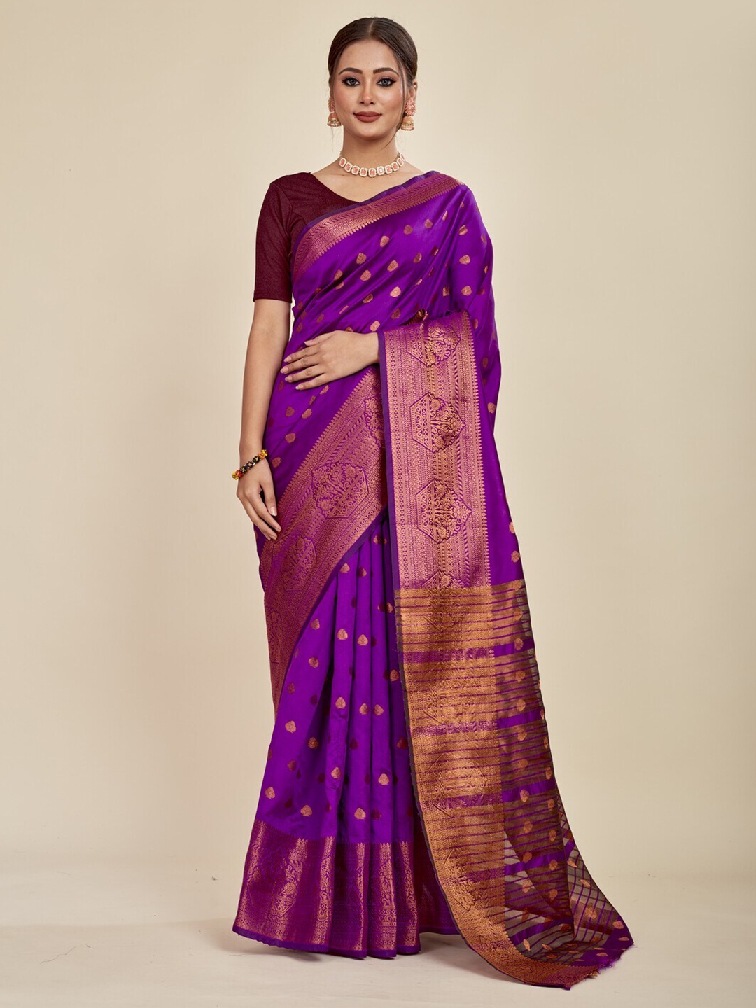 

MAHALASA Ethnic Motifs Woven Design Zari Pure Cotton Saree, Purple