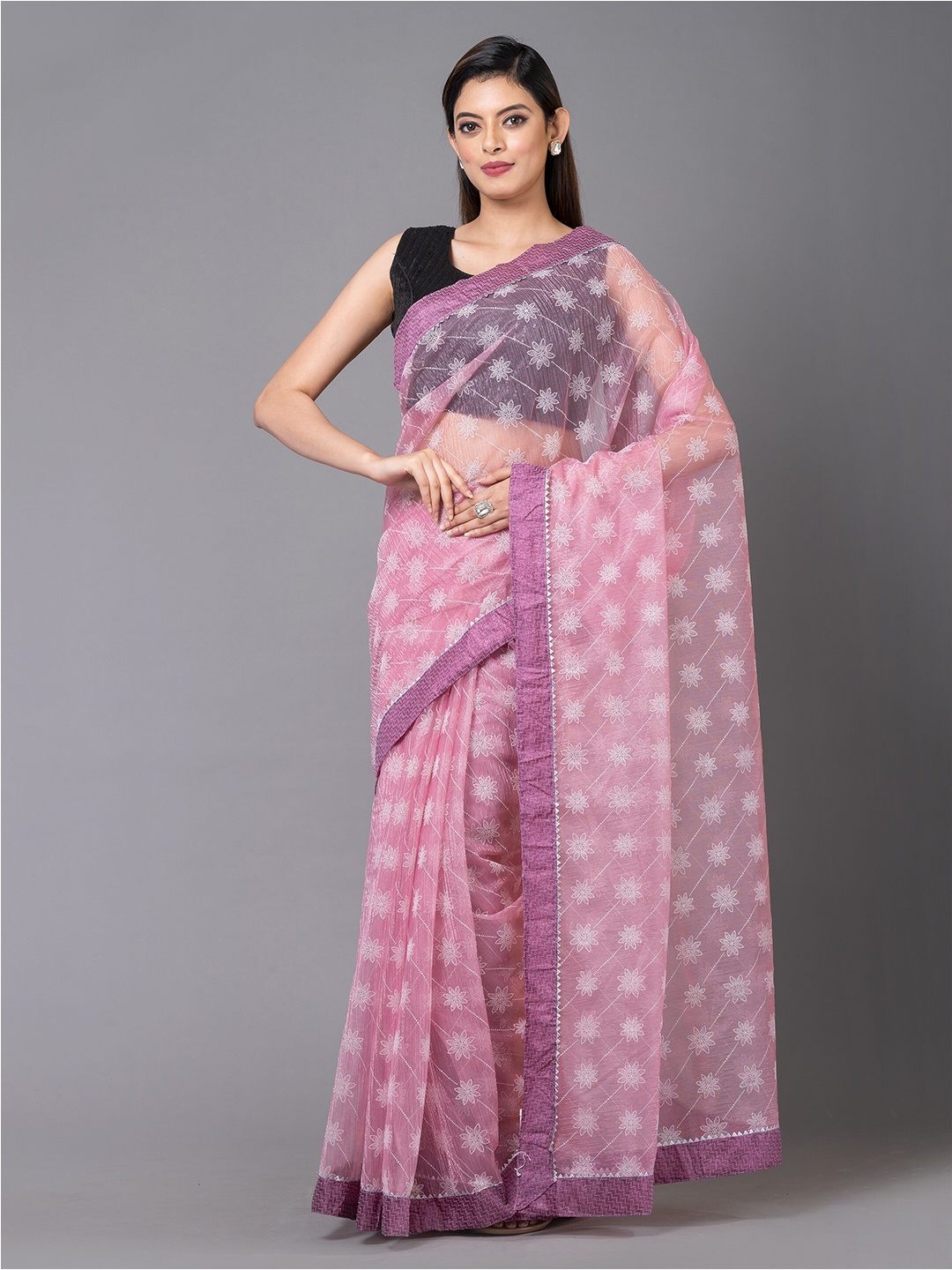 

MAHALASA Floral Printed Gotta Patti Pure Chiffon Saree, Pink
