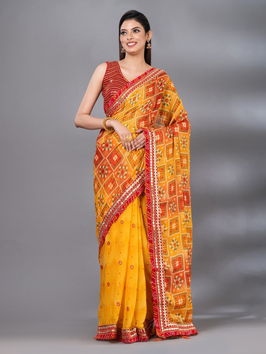 

MAHALASA Ethnic Motifs Printed Embroidered Bandhani Saree, Yellow