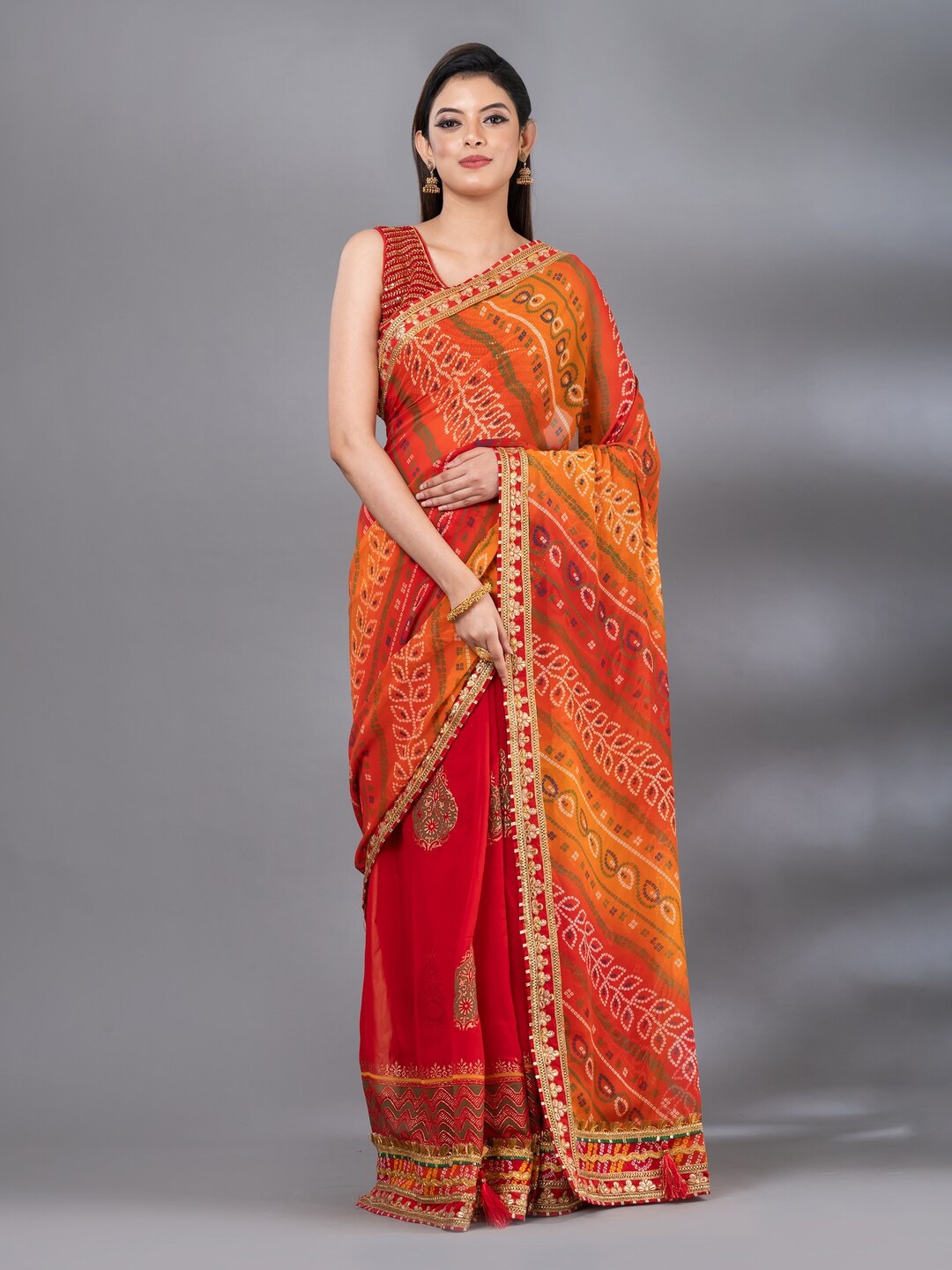 

MAHALASA Printed Art Silk Bandhani Saree, Red