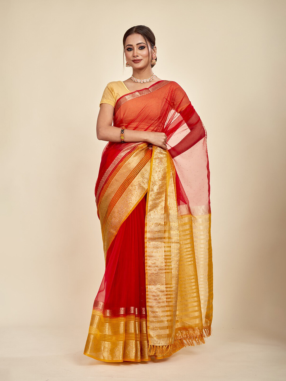 

MAHALASA Zari Pure Chiffon Saree, Red