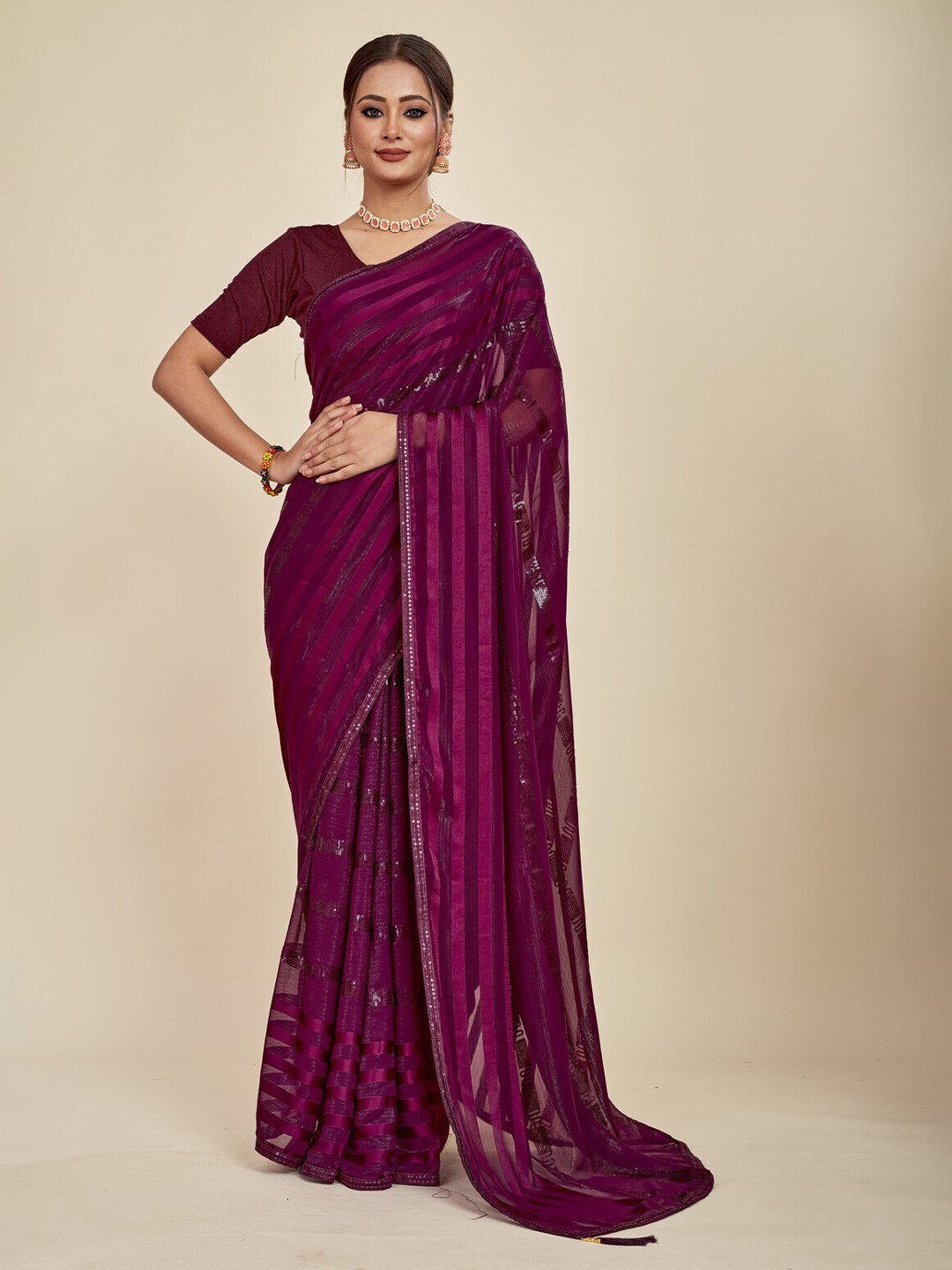 

MAHALASA Embellished Embroidered Pure Chiffon Saree, Purple