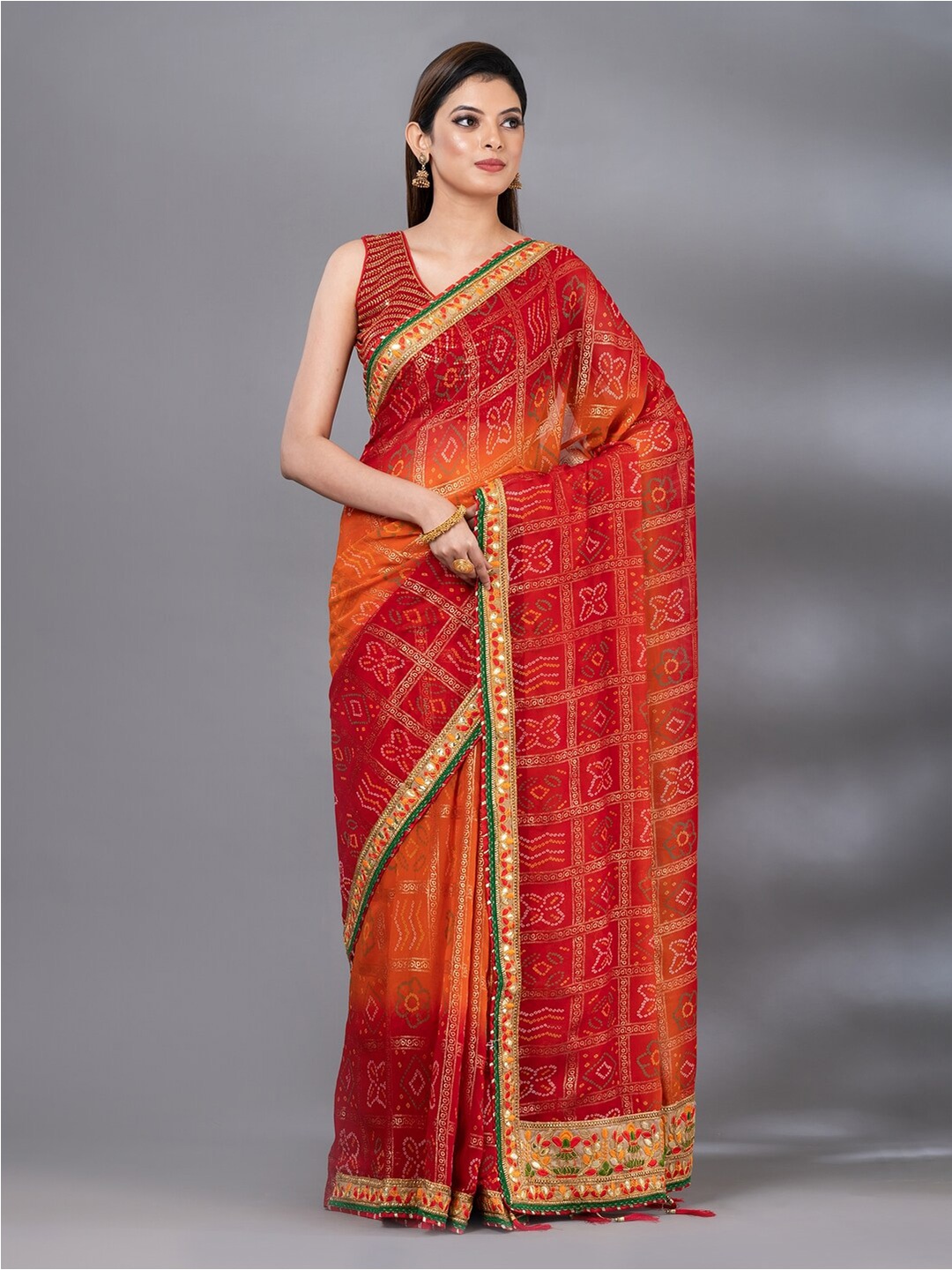 

MAHALASA Printed Bandhani Saree, Red