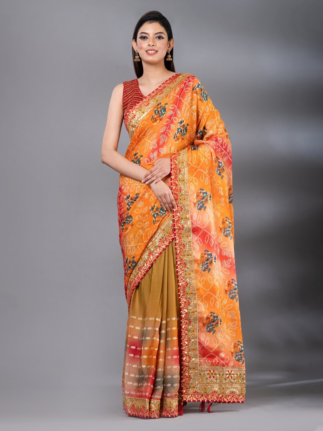 

MAHALASA Bandhani Printed Embroidered Art Silk Bandhani Saree, Beige