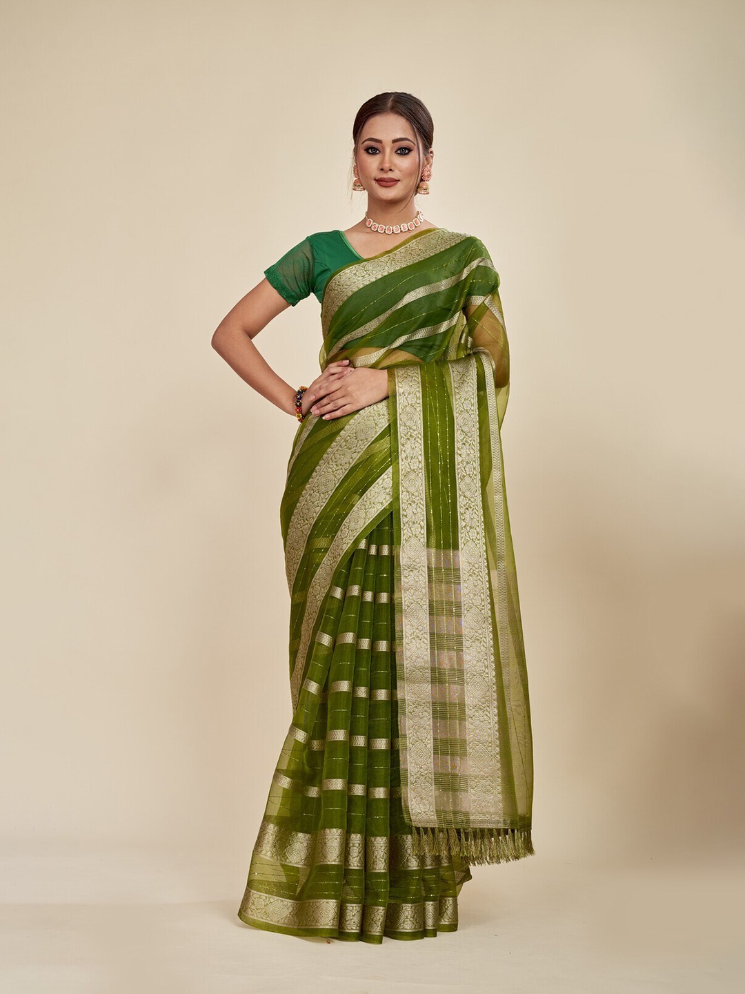 

MAHALASA Ethnic Motifs Woven Design Zari Pure Chiffon Saree, Green