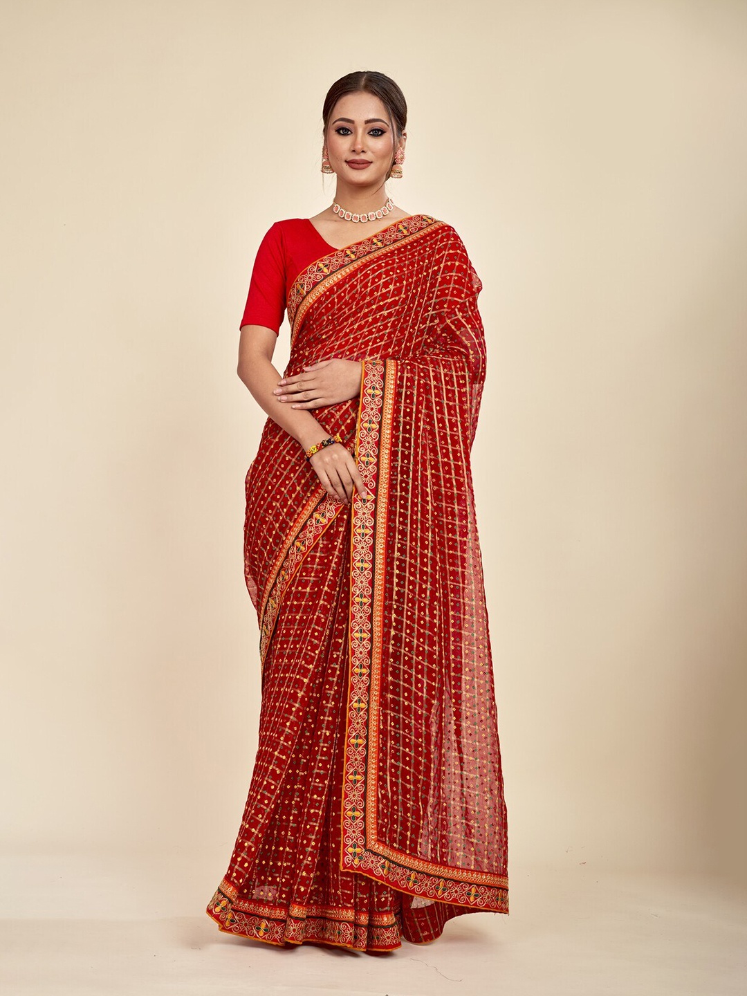 

MAHALASA Bandhani Printed Embroidered Pure Chiffon Saree, Red