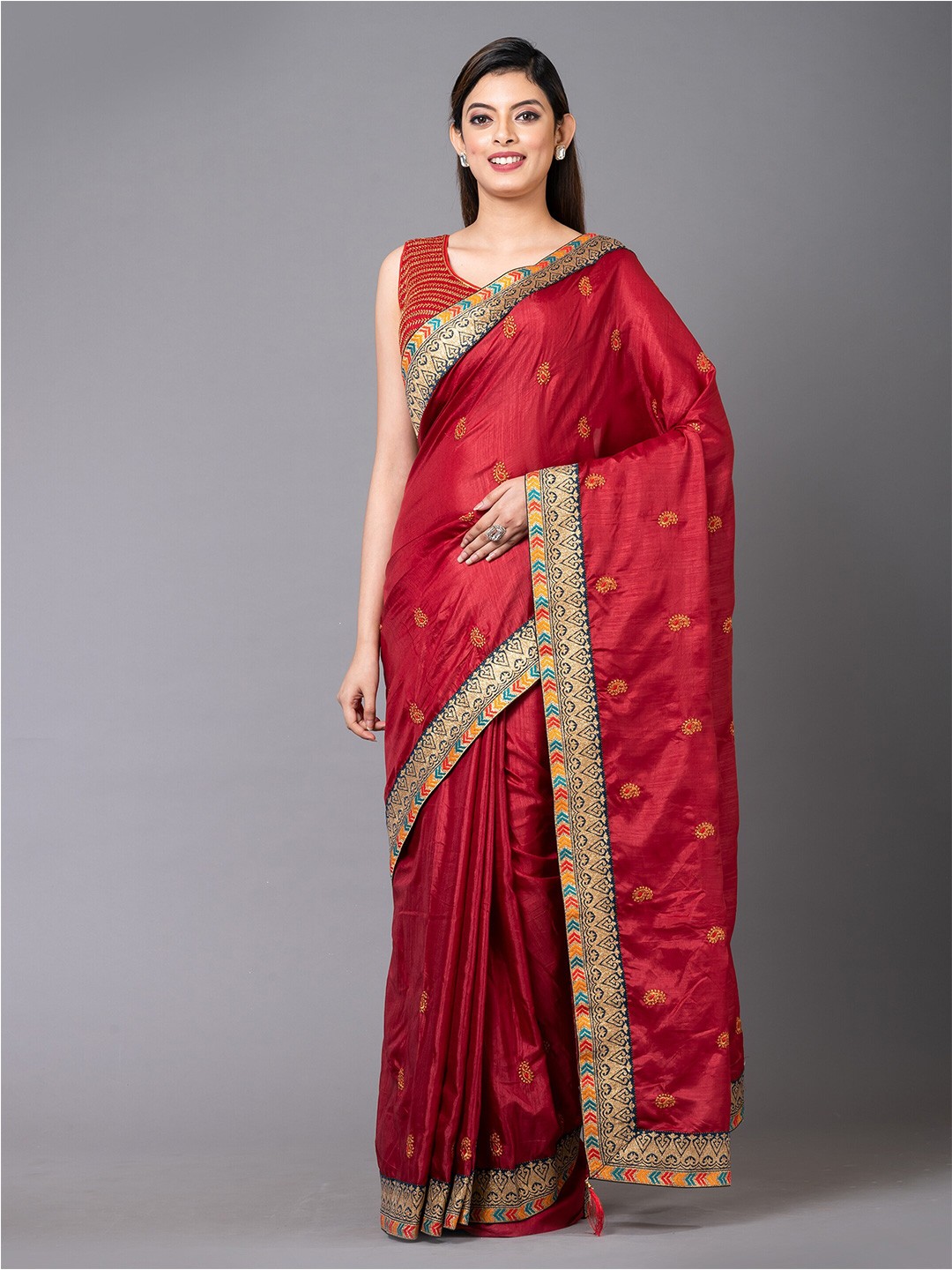

MAHALASA Ethnic Motifs Embroidered Pure Chiffon Saree, Maroon