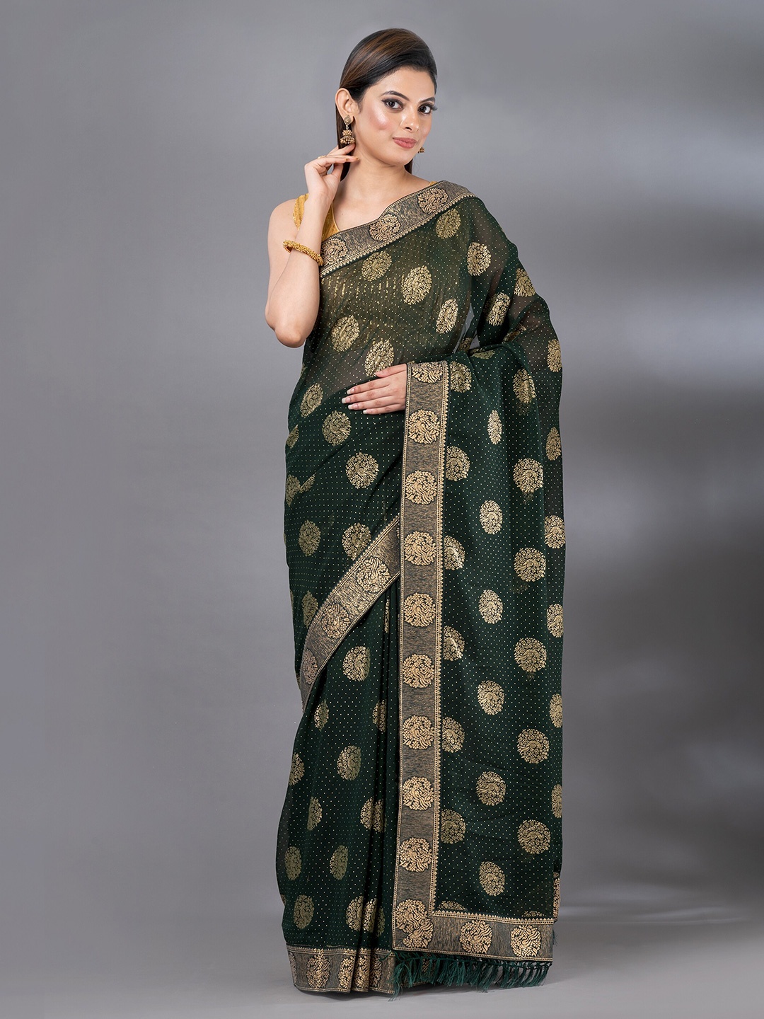

MAHALASA Ethnic Motifs Woven Design Pure Chiffon Saree, Olive