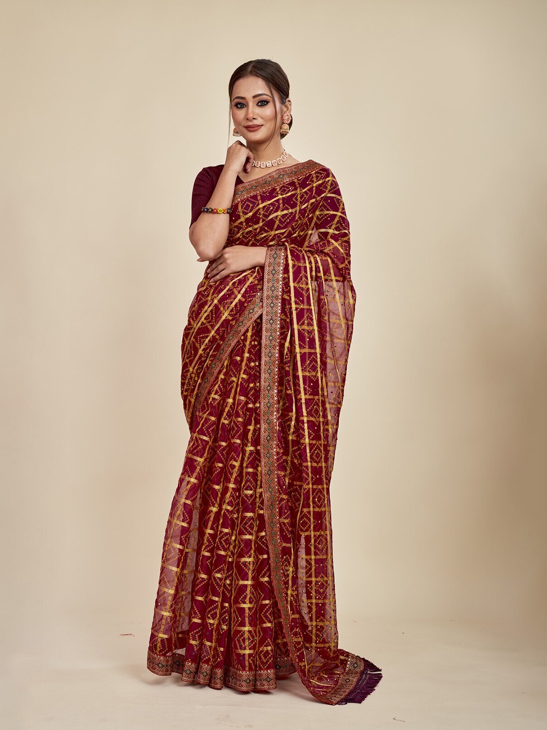 

MAHALASA Bandhani Printed Embellished Zari Pure Chiffon Saree, Maroon