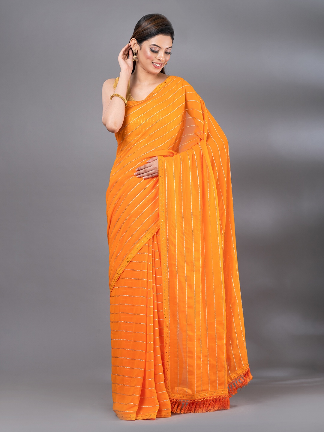 

MAHALASA Striped Pure Chiffon Saree, Yellow