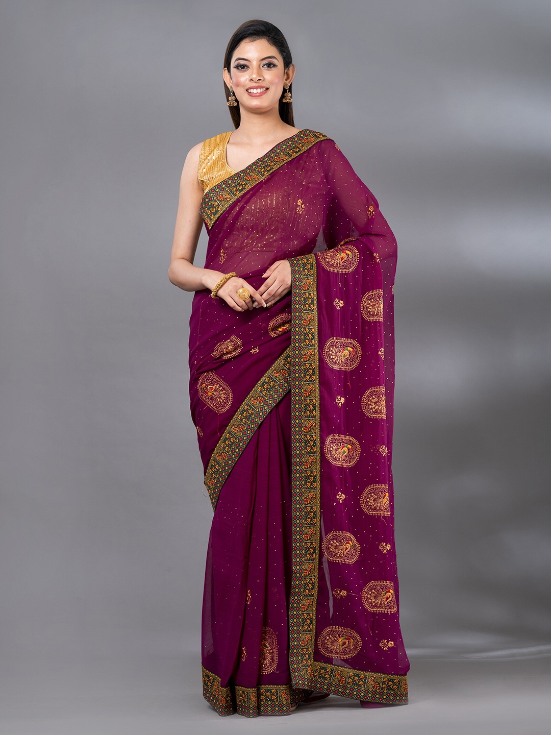 

MAHALASA Ethnic Motifs Embroidered Sequinned Pure Chiffon Saree, Magenta