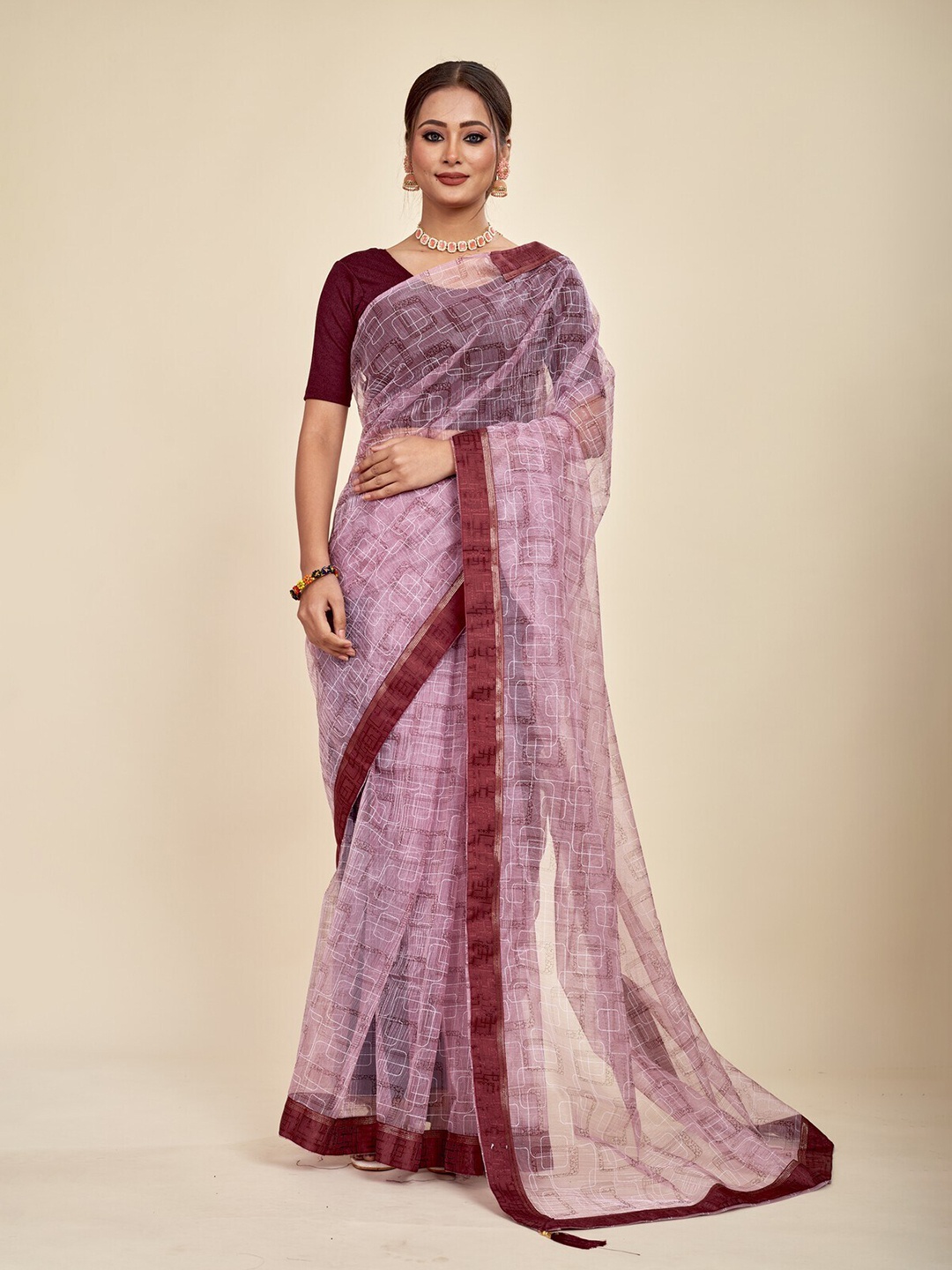 

MAHALASA Geometric Printed Pure Chiffon Saree, Purple