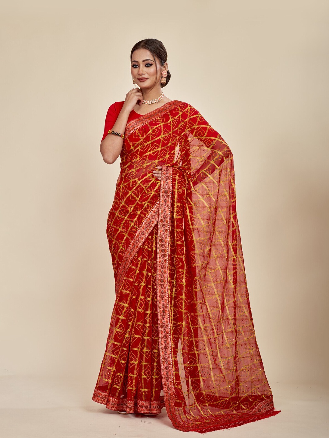 

MAHALASA Bandhani Printed Sequinned Saree, Orange