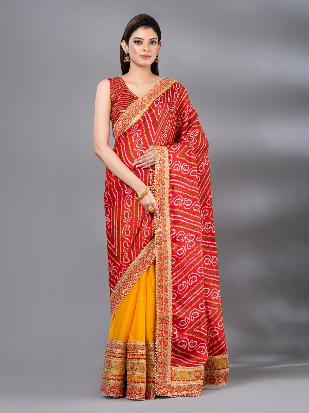 

MAHALASA Bandhani Printed Embroidered Art Silk Bandhani Saree, Red