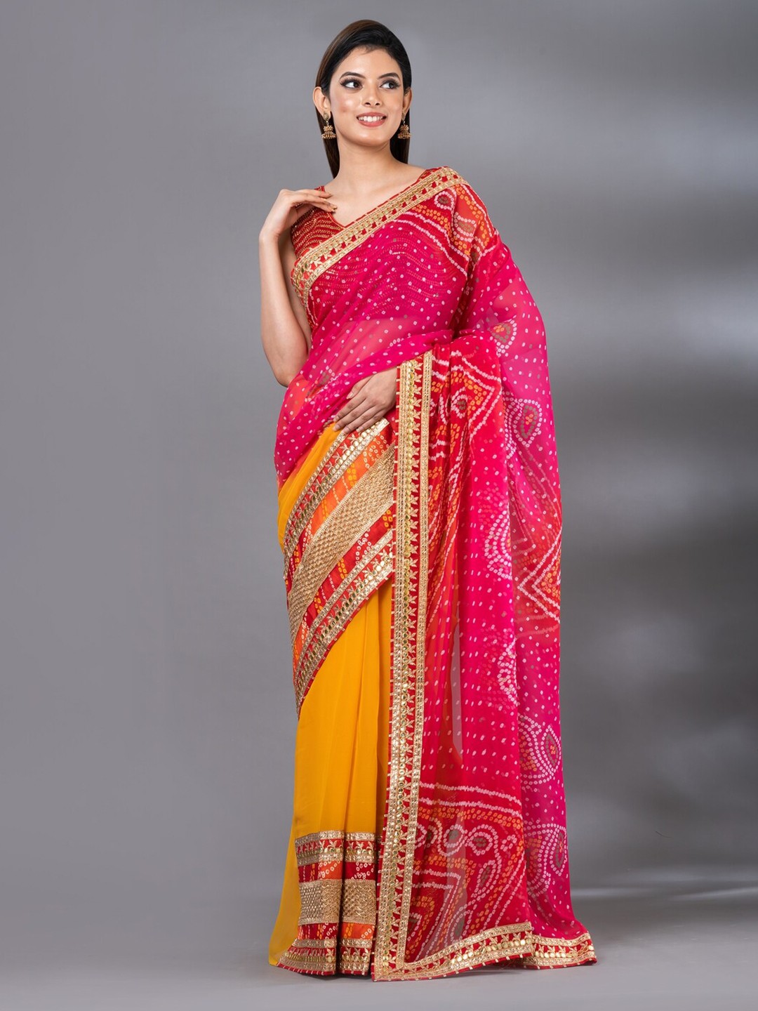 

MAHALASA Bandhani Printed Embroidered Saree, Pink