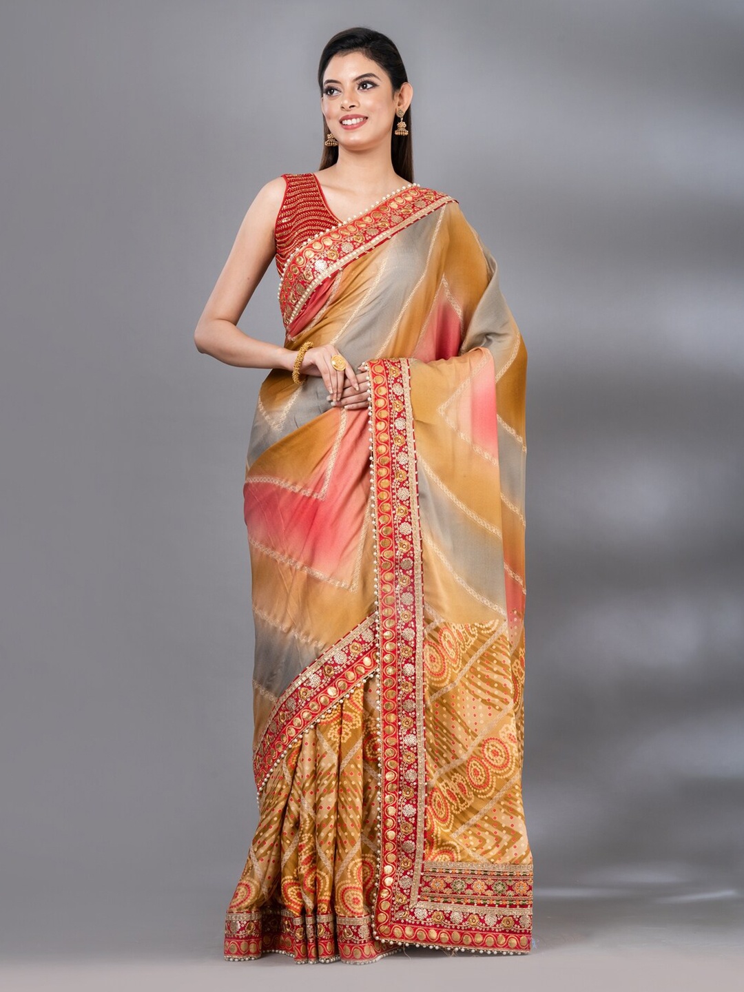 

MAHALASA Bandhani Printed Sequinned Art Silk Saree, Camel brown