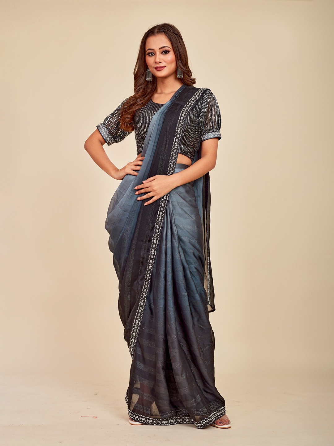 

MAHALASA Striped Saree, Grey