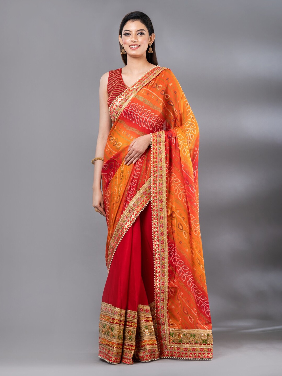 

MAHALASA Bandhani Printed Embroidered Saree, Red