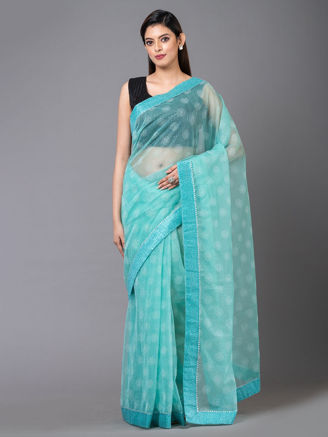 

MAHALASA Embellished Pure Chiffon Saree, Turquoise blue