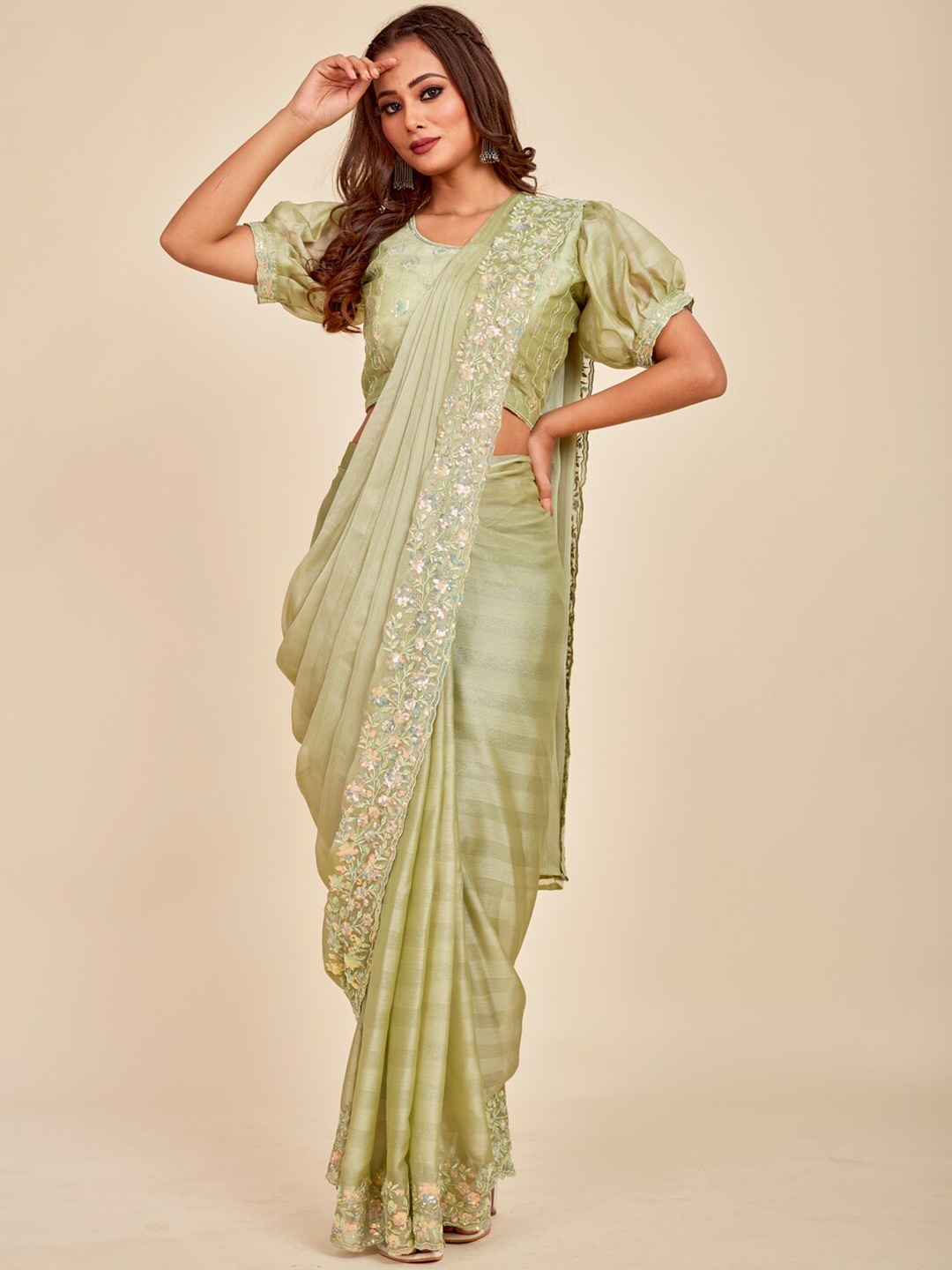 

MAHALASA Striped Embroidered Ready to Wear Saree, Lime green