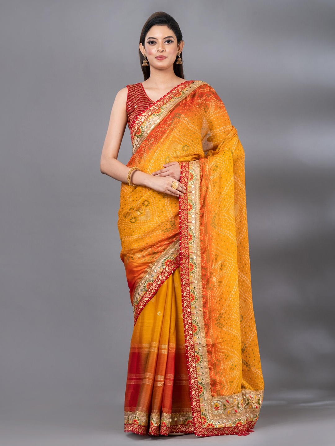 

MAHALASA Bandhani Printed Embroidered Art Silk Saree, Mustard