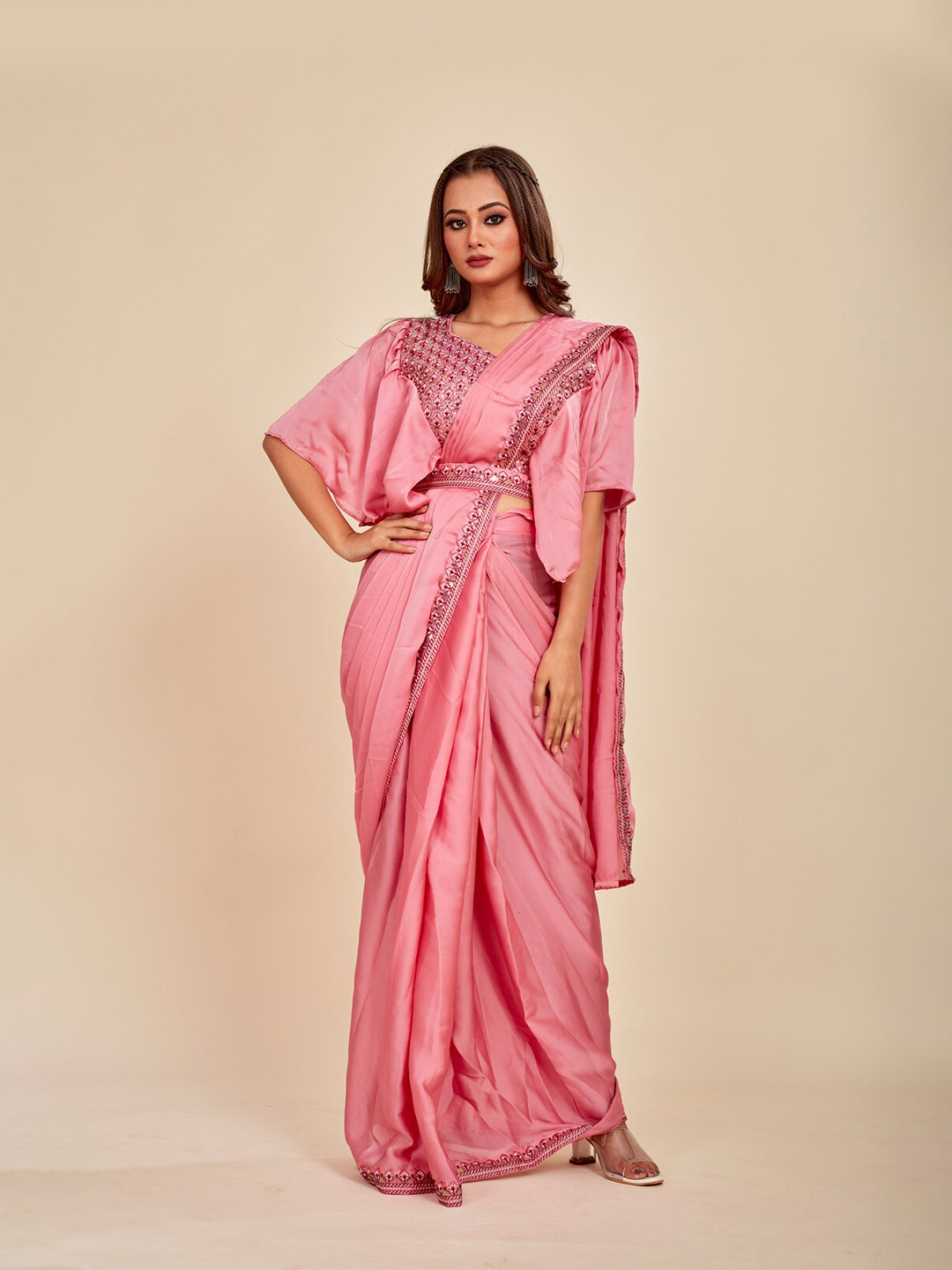 

MAHALASA Embroidered Belted Sarees Ready to Wear Saree, Magenta