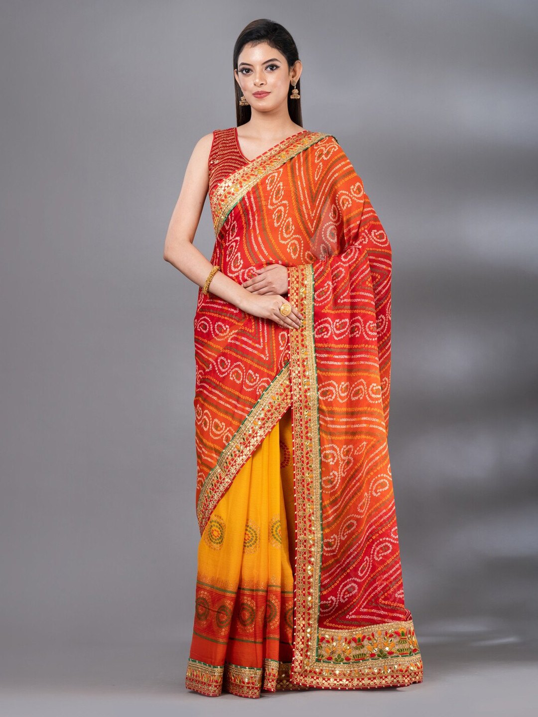 

MAHALASA Printed Art Silk Bandhani Saree, Red