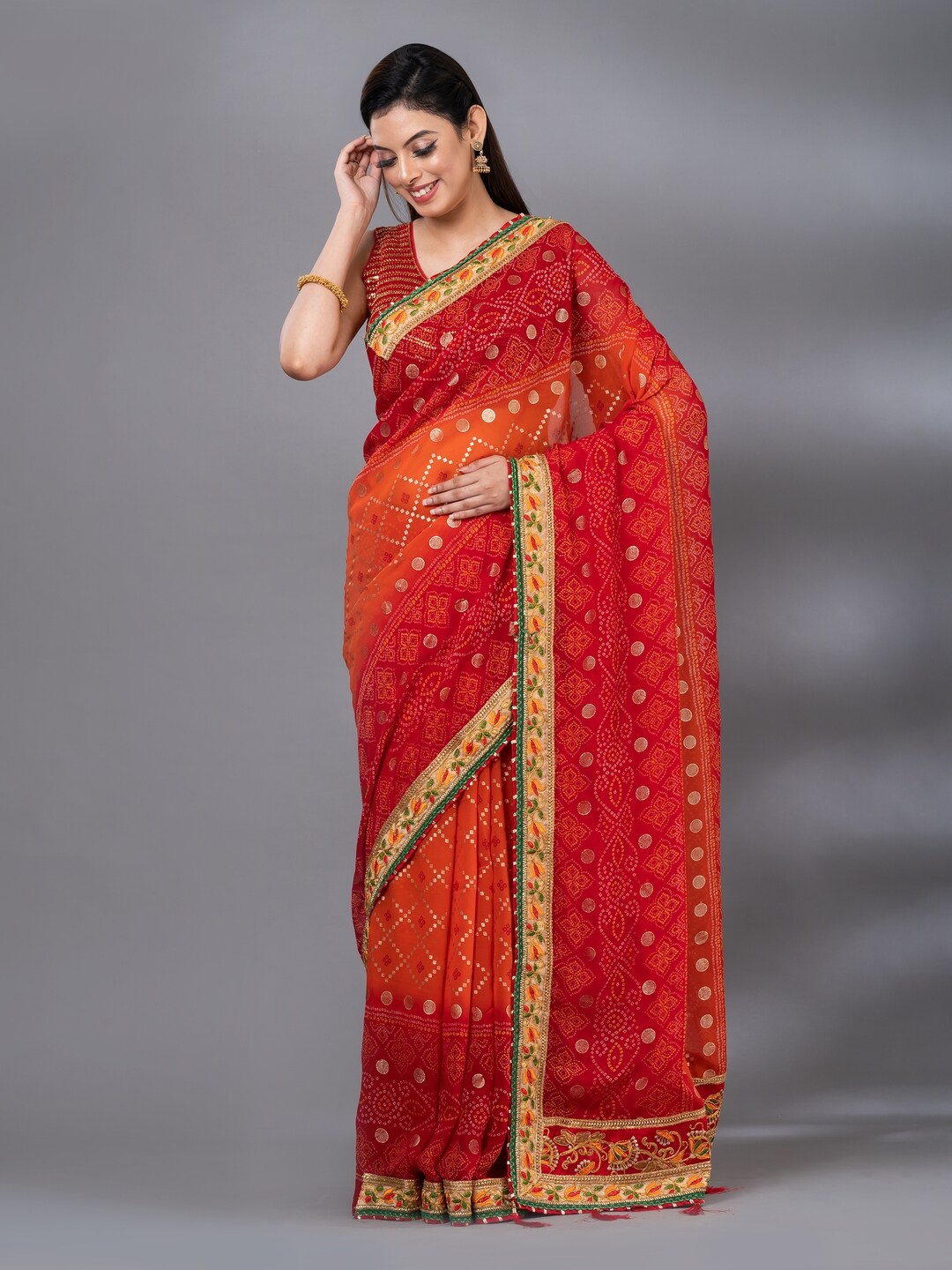 

MAHALASA Printed Bandhani Saree, Red